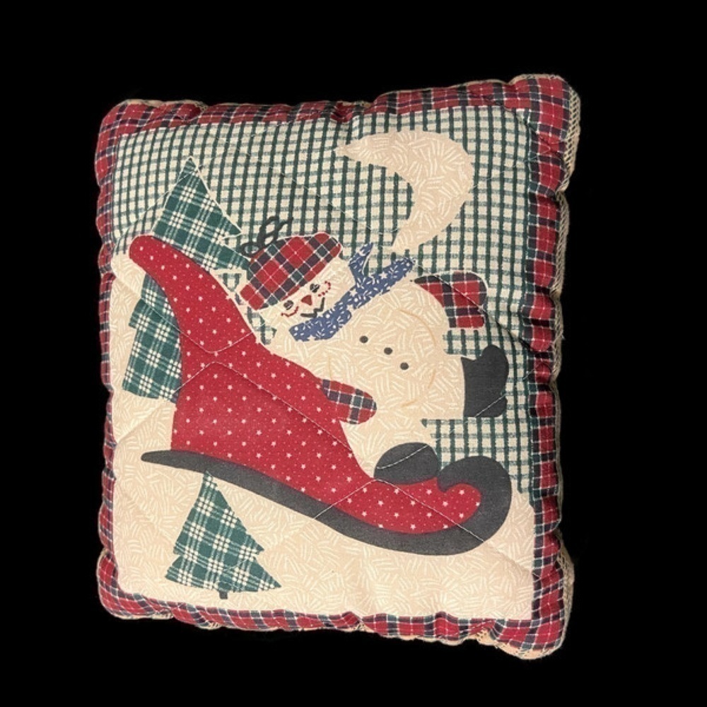 VINTAGE Handmade Snowman Sleigh Square Throw Pillow